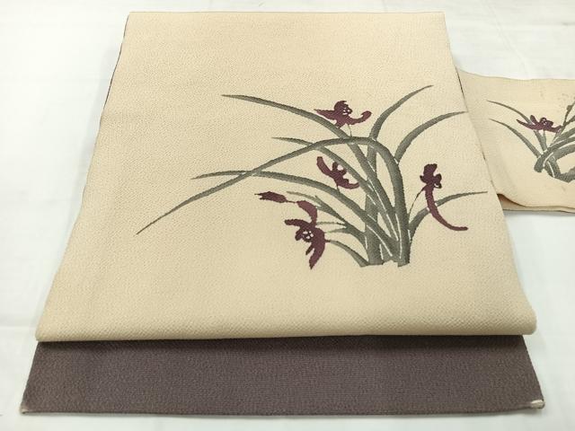 平和屋着物●九寸名古屋帯 作家物 草花文 鬼しぼ縮緬 正絹 逸品 AABC5910uk