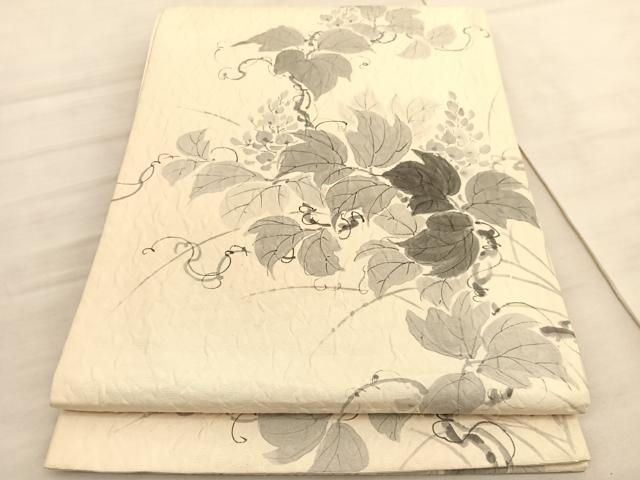 平和屋着物◎六通柄袋帯　作家物　手描き　ふくれ織　蔦の葉文　正絹　逸品　BAAV5875hv