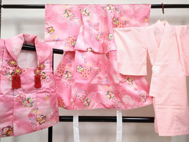 平和屋着物[]七五三　女の子　3歳　祝着　三つ身　長襦袢(単衣)・被布セット　舞花文　暈し染め　金彩　DABG3215ma