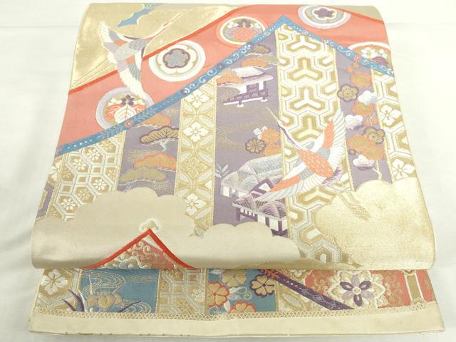 平和屋本店▼六通柄袋帯　唐織　飛鶴吉祥花松文　九百錦　純金箔　正絹　逸品　DABI5449op