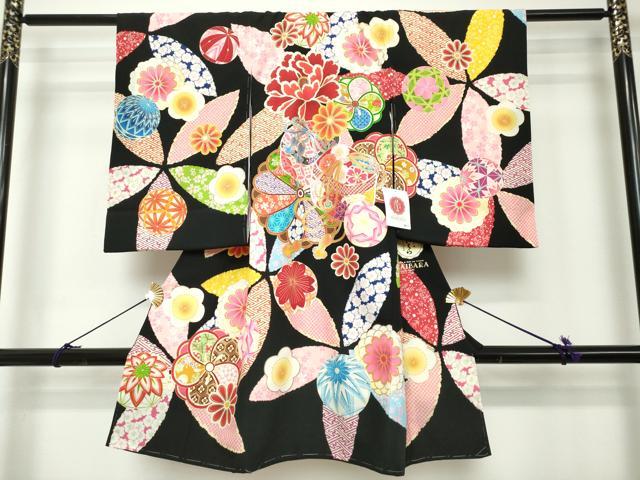平和屋着物[]お宮参り　女の子　はいばら　祝着　産着　初着　のしめ　花鞠文　黒地　金彩　洗える着物　未使用　DABH5182ea