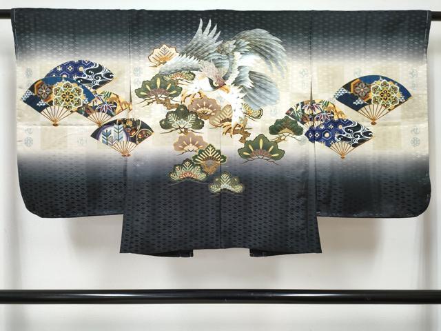 平和屋着物[]七五三　男の子　子供　羽織　鷹　鷲　扇面花松文　暈し染め　金彩　洗える着物　未使用　DABG3101ma