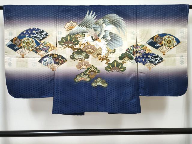 平和屋着物[]七五三　男の子　子供　羽織　鷹　鷲　扇面花松文　暈し染め　金彩　洗える着物　未使用　DABG3104ma