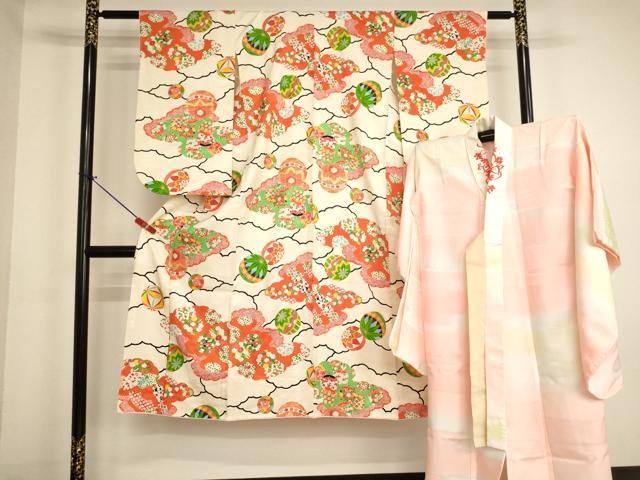 平和屋着物[]七五三　女の子　7歳　祝着　四つ身　長襦袢（無双仕立て・半衿刺繍）セット　雲重ね花手毬文　金彩　逸品　AABJ5393ja