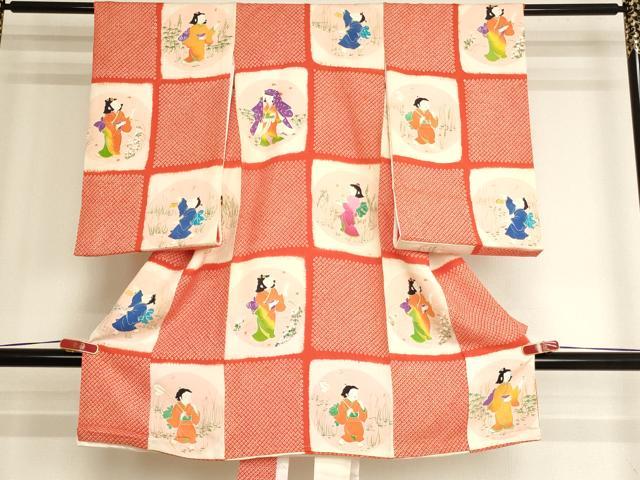 平和屋着物[]お宮参り　女の子　祝着　産着　初着　のしめ　絞り　童子　市松文様　洗える着物　未使用　AABJ5398ja
