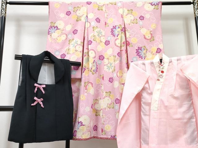 平和屋着物[]七五三　女の子　3歳　祝着　三つ身　長襦袢(単衣・半衿刺繍)・被布セット　草花文　洗える着物　DABG3034ma