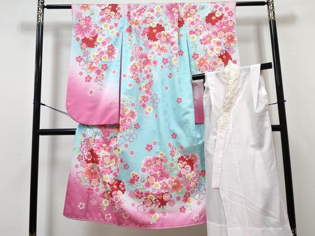 平和屋着物[]七五三　女の子　7歳　祝着　四つ身　襦袢(単衣)セット　駒刺繍　草花文　暈し染め　洗える着物　DABG3059ma