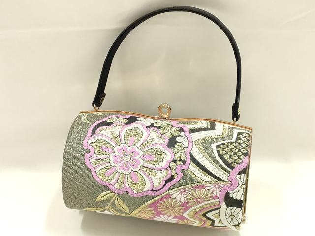 平和屋着物●和装小物　和装バッグ　ハンドバッグ　雪輪花文　金糸　帯地使用　逸品　AABJ6000ay
