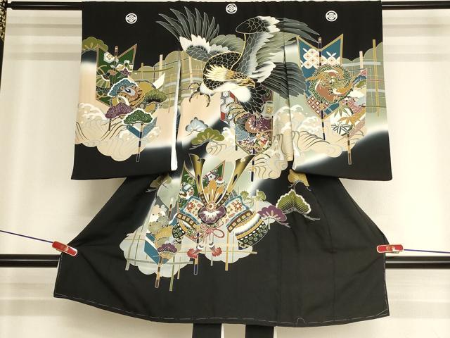 平和屋着物[]お宮参り 男の子 祝着 産着 初着 のしめ 駒刺繍 鷹 武具 暈し染め 金彩 逸品 未使用 AABK8942ja