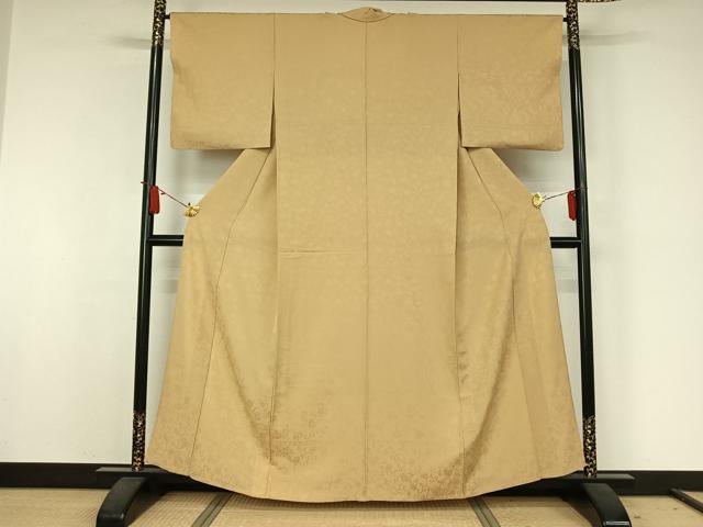 平和屋着物▽無地絵羽訪問着　単衣　横段花丸地紋　丁子色　正絹　逸品　AABJ9631jh