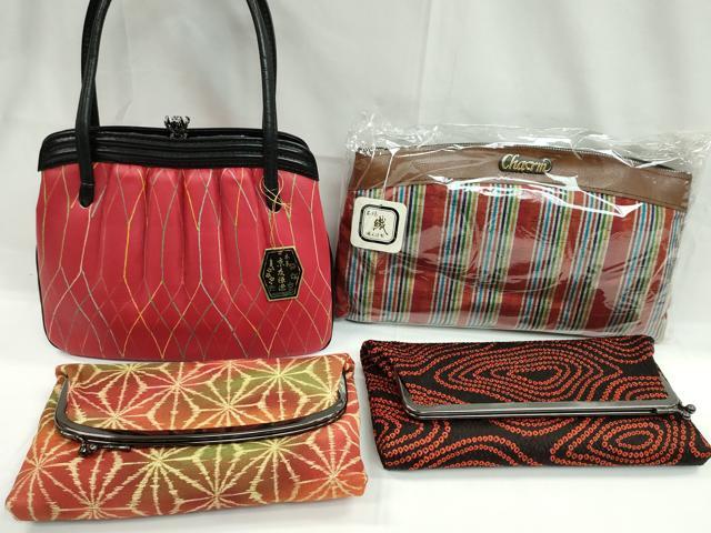 平和屋着物▼和装小物 和装バッグまとめて4点 ハンドバッグ 京友禅染 本革 麻の葉 紬地 二つ折り 未使用あり 逸品 CABL2528ju