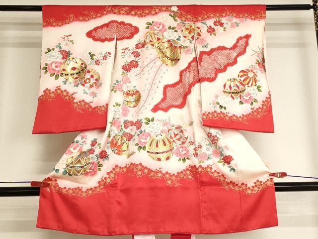 平和屋着物[]お宮参り　女の子　祝着　産着　初着　のしめ　絞り　花手毬文　暈し染め　金銀彩　逸品　AABJ5293ja