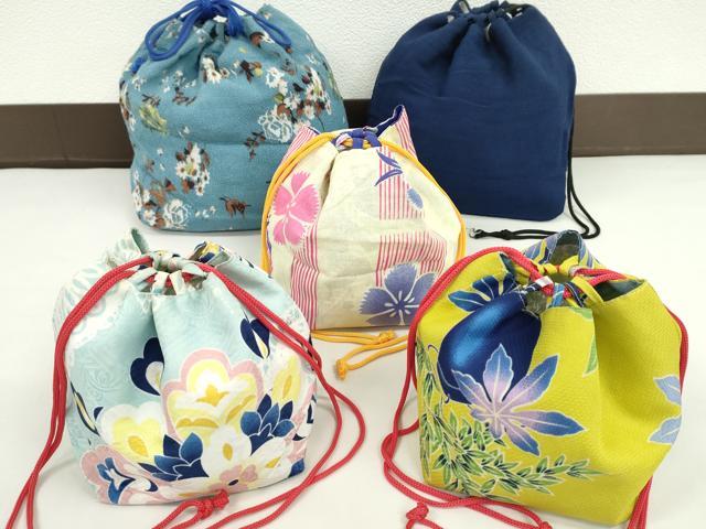 平和屋着物▼和装小物 和装バッグ 巾着まとめて5点 浴衣 花 楓 リバーシブル 綿 縮緬など 逸品 CABJ1501ju