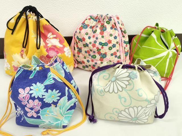 平和屋着物▼和装小物 和装バッグ 巾着まとめて5点 浴衣 うさぎ 花唐草 リバーシブル 綿 逸品 CABJ1505ju