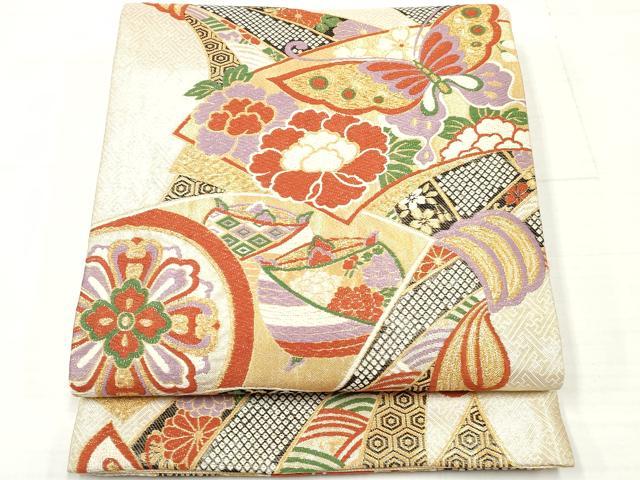 平和屋着物◎佐賀錦　六通柄袋帯　唐織　地紙花蝶文　金糸　正絹　逸品　DAAV2348xg