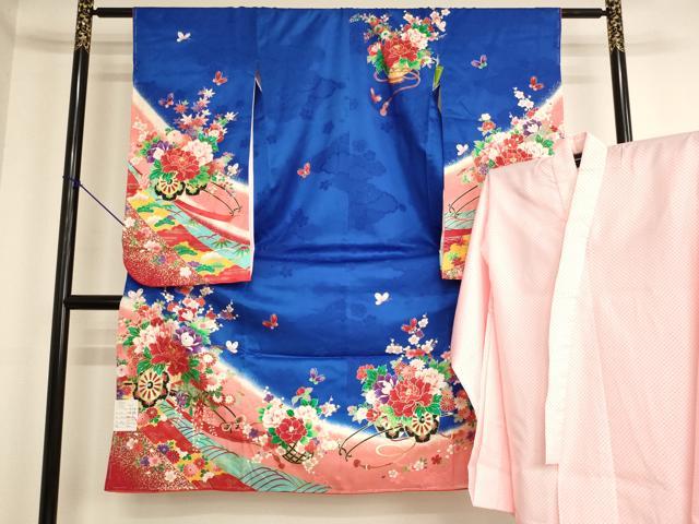 平和屋着物[]七五三　女の子　7歳　祝着　四つ身　長襦袢(単衣)セット　花車文　金彩　逸品　未使用　AABK9209ja