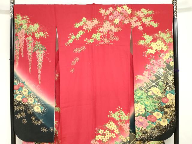 平和屋の平和屋着物●豪華振袖　駒刺繍　御所車草花文　暈し染め　金彩　正絹　逸品　DABG2994ud｜アングル3