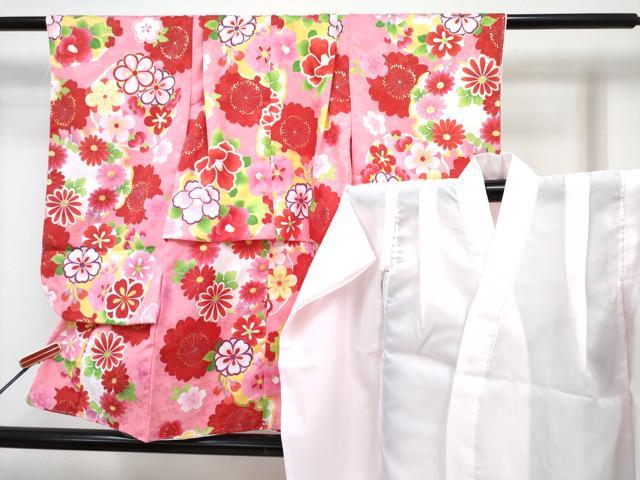 平和屋着物[]七五三　女の子　3歳　祝着　三つ身　長襦袢(単衣)セット　雪輪花文　金彩　未使用　DABG3296ma