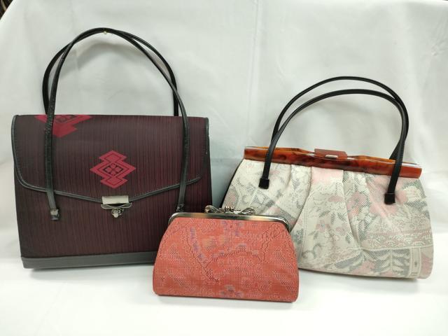 平和屋着物▼和装小物 和装バッグまとめて3点 ハンドバッグ 本場大島紬 7マルキ 枝花文 松皮菱花文 がま口 逸品 CABJ1474ju