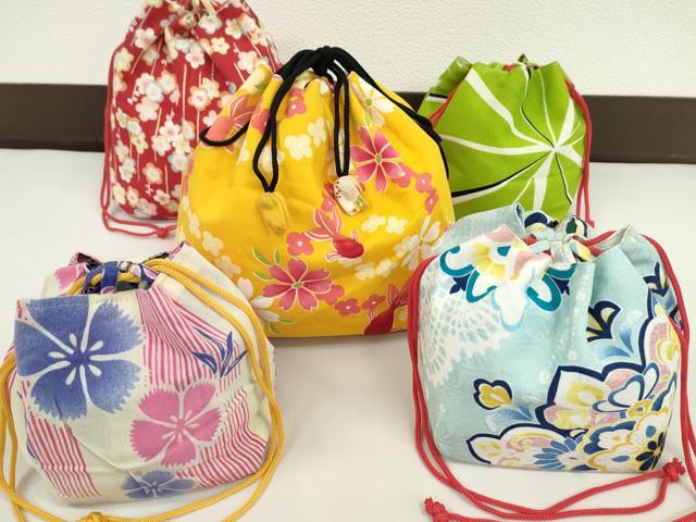 平和屋着物▼和装小物 和装バッグ 巾着まとめて5点 浴衣 金魚 花 槍梅 リバーシブル 綿 逸品 CABJ1503ju