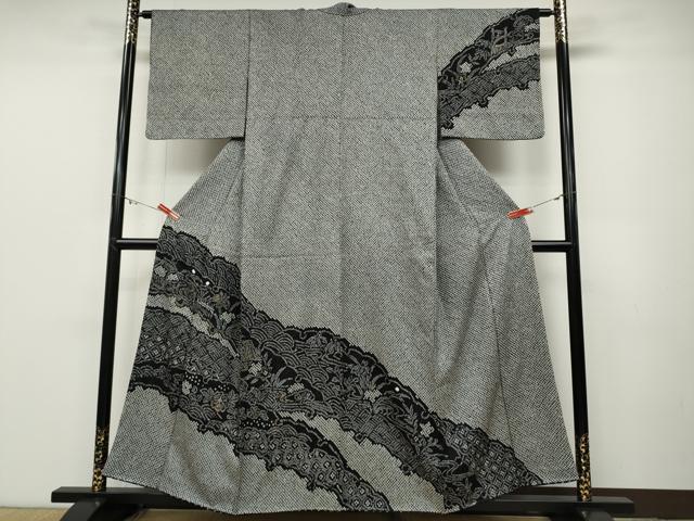 乐天商城 - 平和屋着物●訪問着　総絞り　雪芝風景花文　黒地　金彩　正絹　逸品　CABD0066ut