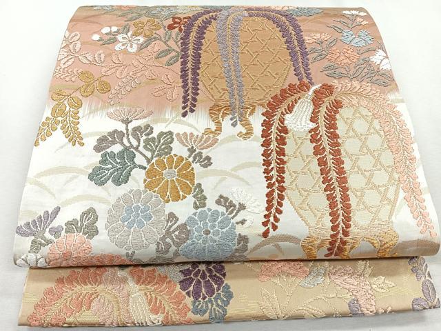 平和屋着物◎六通柄袋帯　唐織　花籠文　金糸　正絹　逸品　CAAR1814nb