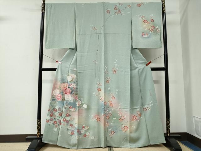 平和屋着物●訪問着　作家物　刺繍　鴛鴦草花文　暈し染め　金彩　正絹　逸品　CABE2820yc