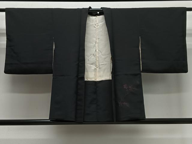 平和屋着物＃羽織　寿光織　枝葉文　黒地　銀糸　正絹　逸品　CABI9488ua