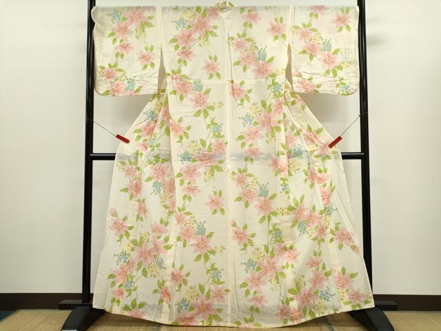 平和屋の平和屋着物∴夏物　浴衣　綿紅梅　草花文　さんび謹製　綿　逸品　CABJ2601ze｜アングル2