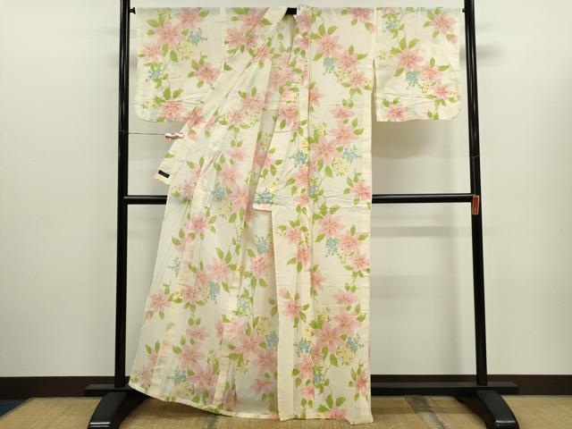 平和屋の平和屋着物∴夏物　浴衣　綿紅梅　草花文　さんび謹製　綿　逸品　CABJ2601ze｜アングル3
