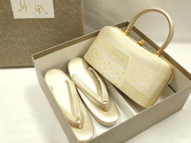 平和屋着物●和装小物　和装バッグ・草履セット　紗織　ハンドバッグ　佐賀錦　吉祥模様　金銀糸　Lサイズ　逸品　AABJ7334ay