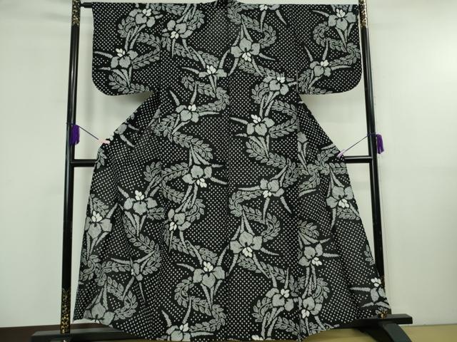 平和屋着物∴極上　夏物　浴衣　有松鳴海絞り　杜若　黒地　綿　逸品　DZAB8437kh6