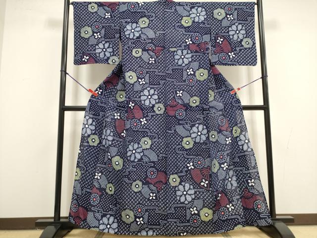 平和屋着物∴夏物　浴衣　有松鳴海絞り　扇面花文　綿　逸品　未使用　DABI8605cd