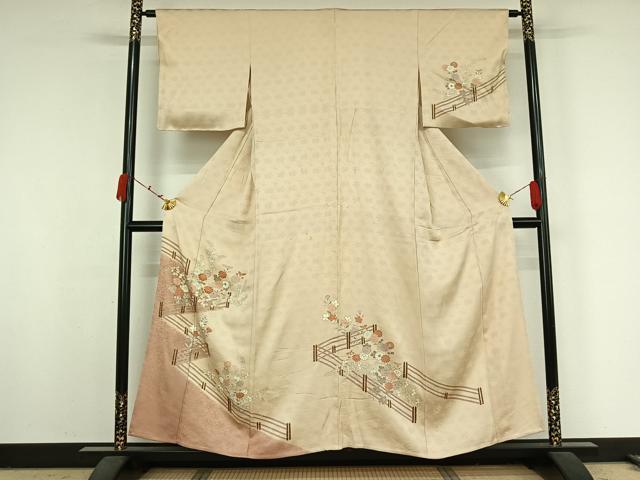 平和屋着物▽訪問着　単衣　刺繍　草花文　金彩　正絹　逸品　AABK2076jh