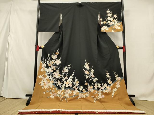 平和屋本店●お引きずり・お引き摺り　訪問着　和装　舞台　舞妓　芸妓　芸者　衣装　枝花文　黒地　金彩　逸品　AABK5620ou