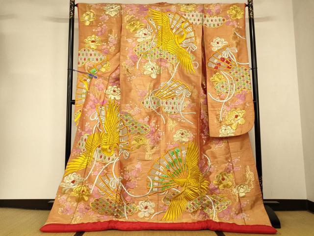 平和屋本店●色打掛 和装 婚礼 結婚式 花嫁 神社挙式 総刺繍 飛鶴枝花扇子文 金銀糸 逸品 AABK8343fw