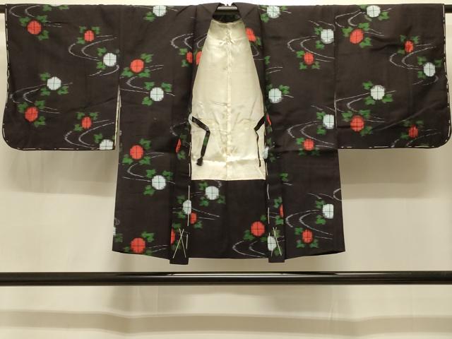 平和屋着物＃羽織　久留米絣　流水草花文　黒地　綿　逸品　未使用　CABI6342in
