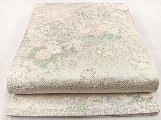 平和屋着物◎六通柄袋帯 唐織 立波花文 銀糸 正絹 逸品 BAAW8751yc