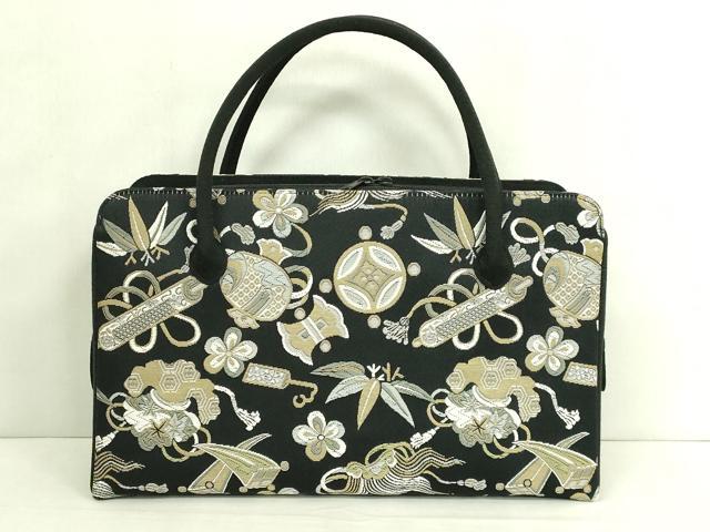 平和屋着物●極上　和装小物　バッグ　利休バッグ　宝尽くし　黒地　逸品　未使用　DZAA12286kh6