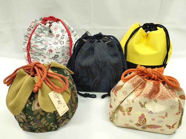 平和屋着物▼和装小物　和装バッグ　巾着まとめて5点　辻ヶ花　松竹梅　花蝶文　杢...