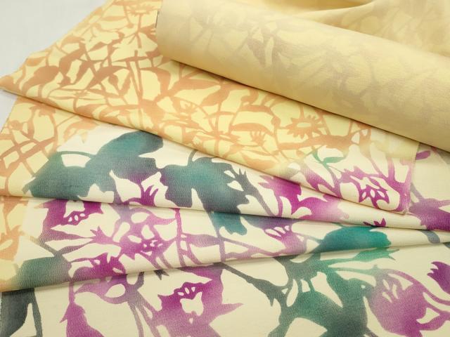 平和屋着物●付下げ　解き反物　型染め　枝花シルエット　御召縮緬　着尺　逸品　CA...