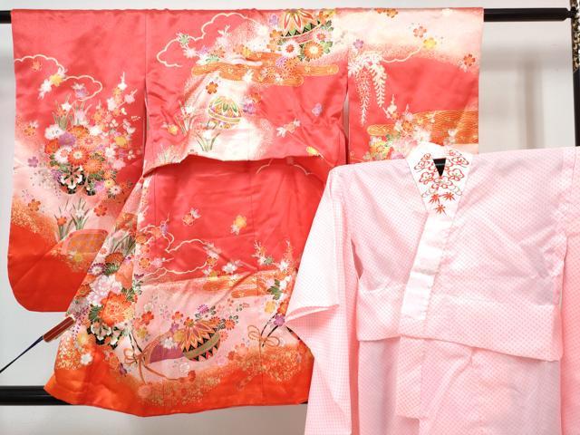 平和屋着物[]七五三　女の子　3歳　祝着　三つ身　長襦袢(単衣・半衿刺繍)セット　鞠花車文　暈し染め　金彩　DABG3434ma