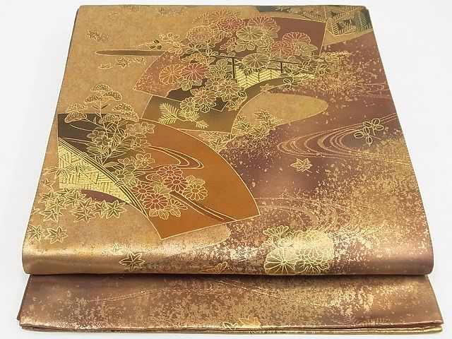 平和屋着物◎六通太鼓柄袋帯 彩華雅扇文 金彩 引箔 正絹 逸品 AAAF8756Aex
