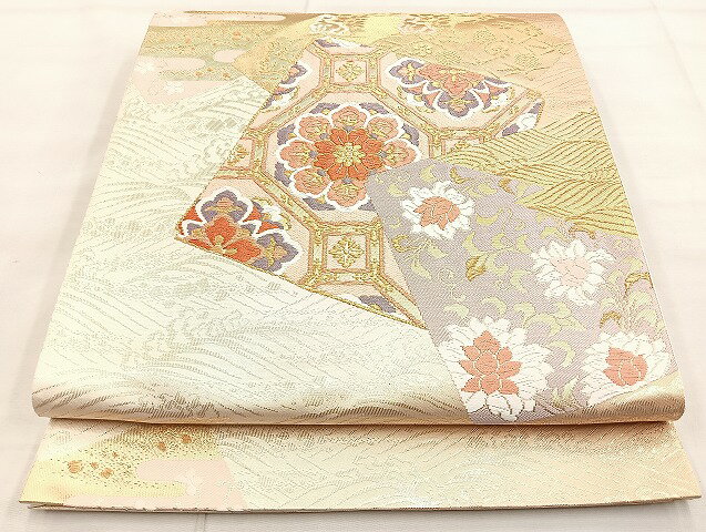 平和屋着物◎六通柄袋帯 唐織 色紙蜀江花文 金糸 正絹 逸品 BAAK8723cm