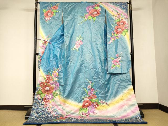■■■　サイズ　■■■ 身丈 185cm（肩から） 裄丈 64cm 袖丈 106cm　縫込み 4cm 袖幅 32cm 前幅 23.5cm 後幅 29cm 着物縫いこみ 内揚げ 0cm 裄 お袖側 約1cm　身頃側 約1cm ■■■　商品詳細　■■■ 【正絹・ふき綿仕立て】 状態は接写画像のように後身頃・袖口に薄い汚れ、表地に糸解けがございますが その他特に目立ったシミ汚れなどもなく大変良い状態です。 大変上質な逸品になります。 お安く出品致しますので、是非この機会にいかがでしょうか？ ■■■　注意事項　■■■ ■モニター発色の具合により色合いが異なる場合がございます。 ■寸法は多少の誤差が生じる場合がございますのでご了承ください。 ■縫込みの長さが左右非対称の場合は短い部分を記載しております。 左右非対称であってもご返品・お値引き等の保証は出来かねますので、ご了承の上ご購入をお願い致します。 ■シミ等のチェックには注意を払っておりますが、見落としがある場合もございますし、個人の見解も様々ですので神経質な方のご購入はお控えください。 ■箪笥に入っておりました着物や帯なので畳みシワや匂いがあるものもございます。 ■お休みは基本的に土日祝となりますが、その他臨時でお休みする場合がございますのでご了承ください。 ■商品の発送は平日のみの発送となります。 ■夜間と土曜、日曜日はお問い合わせの回答が遅れる場合がございます。 ■当店では、お直し、紋入れ、お手入れ等は承っておりません。 ■生地の状態（ヤケ、経年劣化等）によってはサイズ直しが出来ない場合がございます。 その点もどうかご了承のうえ、ご購入をお願いいたします。 ■弊社で取り扱う商品は一点ものにつき、時期や在庫状況に応じて金額が変更となる場合がございます。 ■検針は行っておりません。予めご了承いただきますようお願いいたします。 ■【洗える着物】と記載のある商品におきましては、商品お届け後に洗濯を行ってしまってからのご返品にはご対応しかねます。 念の為、専門店でのお手入れをお願いいたします。 ■写真に写っている物が全てになります。それ以外の付属品はございませんのでご了承ください。 ■状態に関する写真につきましては、掲載可能な写真枚数に限りがあるため、各箇所につき1枚参考画像を掲載しております。 ■着物のサイズ目安は下記を参考ください↓ ＜女性着物＞　お端折り次第で＋5cm　−1cmが着用可能サイズ 　例）身丈170cmの場合、身長160cm〜175cm ＜男性着物＞　身丈＋約25cm〜27cm程が適応身長 　例）身丈155cmの場合、身長180〜182cm