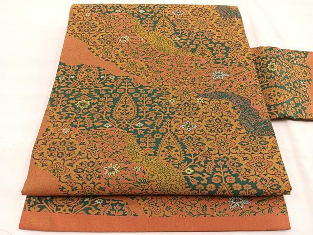 【美品】「登録商標　紹巴萬葉」　全通　袋帯　桐箱付き　全長4m34cm 赤茶系 1577050.jpg