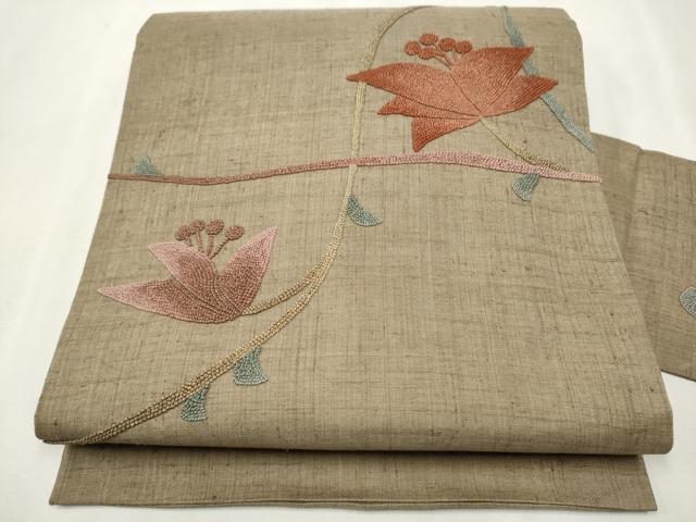 平和屋着物●中国三大刺繍　相良刺繍　総刺繍　九寸名古屋帯　枝花文　正絹　逸品　CAAT0897hy