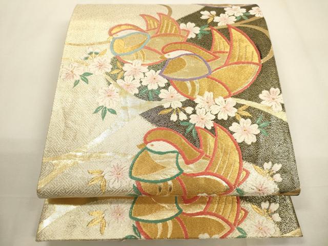 平和屋着物▼六通柄袋帯　唐織　鴛鴦花文　金糸　正絹　逸品　CABC3305ak