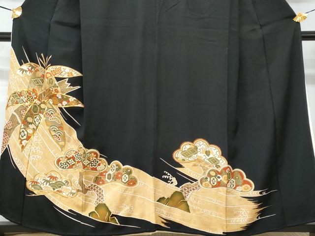 平和屋着物■豪華黒留袖　駒刺繍　笹の葉吉祥花文　金彩　正絹　逸品　CAAY7913fb