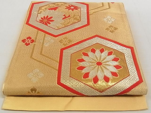平和屋着物◎六通柄袋帯 唐織 花亀甲文 金糸 正絹 逸品 AAAG7929Ajz